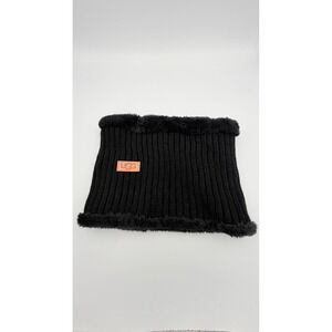 UGG Australia Black Ribbed Knit Neck Warmer Gaiter with Faux Fur Trim Logo Patch